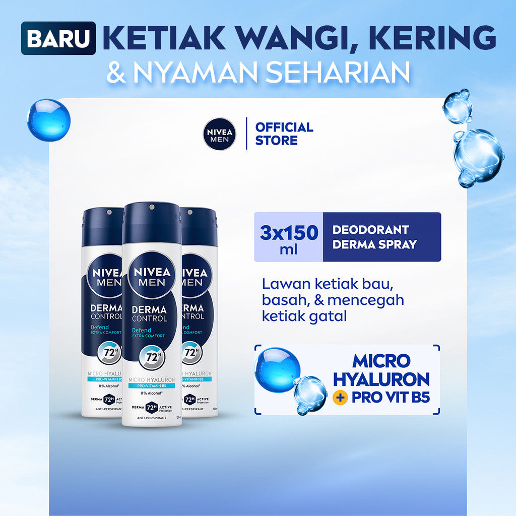 (PAKET HEMAT ISI 3) NIVEA MEN Deodorant Spray Derma Control Defend 150ml - Deodoran semprot pria skin barrier kulit ketiak sensitif anti keringat berlebih bau badan penggunaan harian - Hyaluron, Vitamin B5, Antiperspiran, 0% Alkohol, Halal