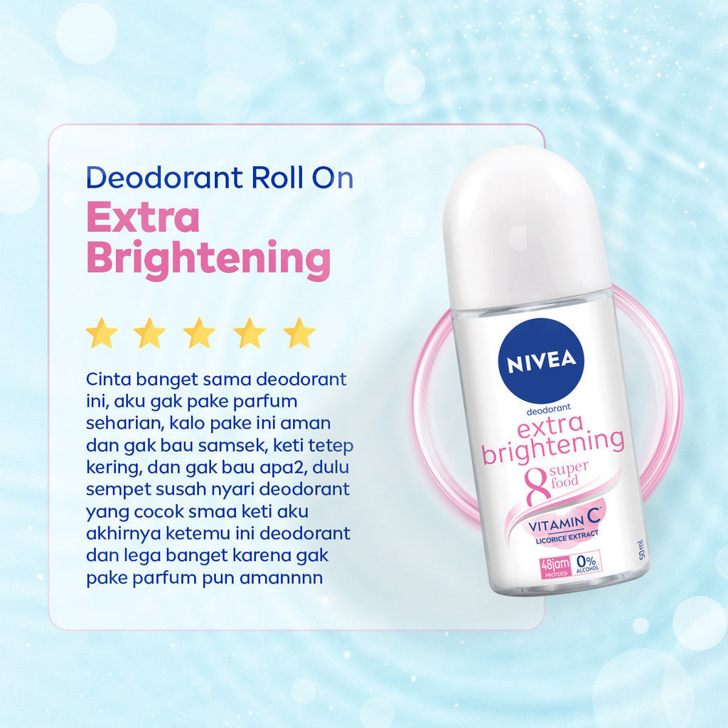 (PAKET HEMAT ISI 4) NIVEA Deodorant Roll On Extra Bright Radiant & Smooth 25ml - Deodoran wanita mencerahkan ketiak brightening glowing wangi segar seharian anti bau badan keringat - Vitamin C, Ekstrak Licorice, 0% alkohol cocok semua jenis kulit
