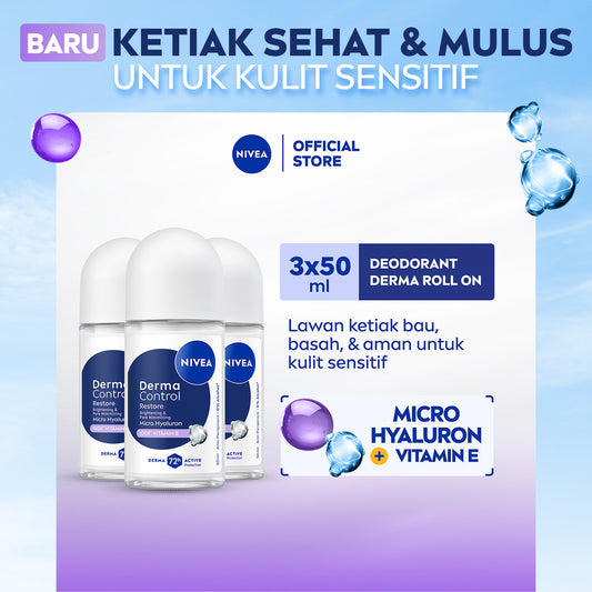 (PAKET HEMAT ISI 3) NIVEA Deodorant Roll On Derma Control Restore 50ml - Deodoran wanita skin barrier memperbaiki kulit ketiak sensitif anti keringat berlebih bau badan harian tidak lengket - Hyaluron, Vitamin E, Antiperspiran, 0% Alkohol, Halal