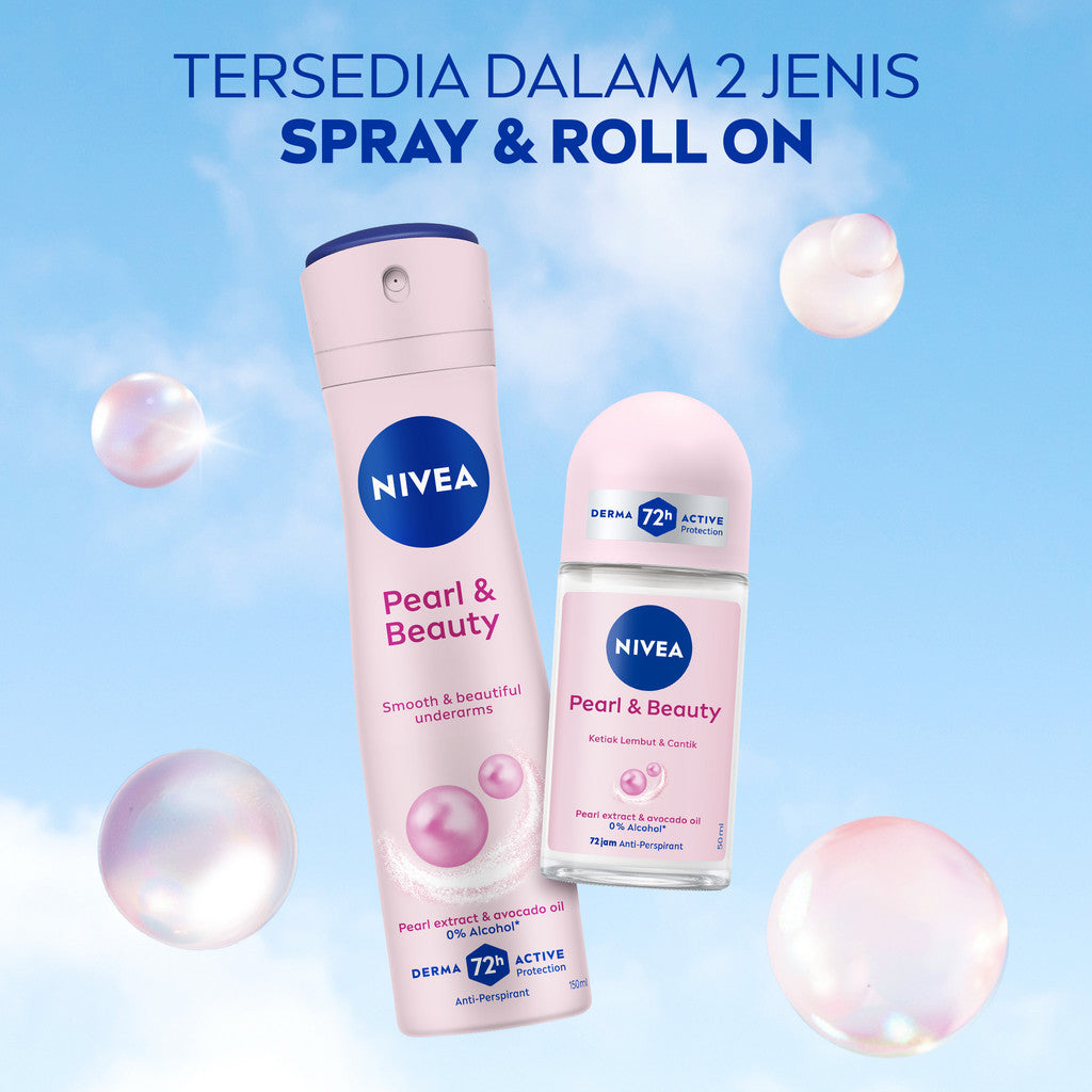 (PAKET HEMAT ISI 3) NIVEA Deodorant Roll On Pearl & Beauty 50ml - Deodoran wanita mencerahkan brightening glowing kulit ketiak halus tahan keringat dan anti bau badan - Antiperspiran, Ekstrat mutiara, Avocado oil, 0% alkohol cocok semua jenis kulit