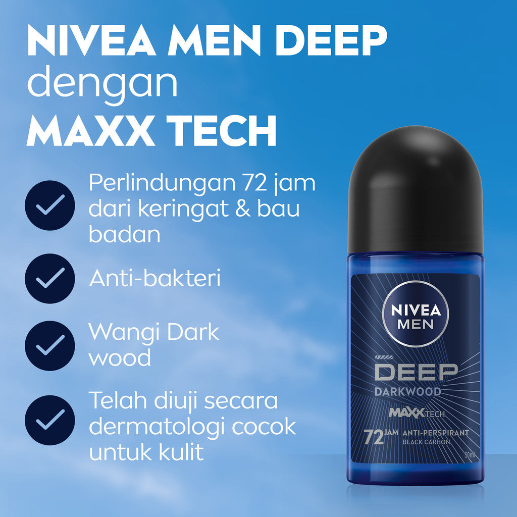 (PAKET HEMAT ISI 3) NIVEA MEN Deodorant Roll On Deep Darkwood 50ml - Deodoran pria melawan bakteri keringat bau badan dengan wangi parfum premium maskulin blackwood menjaga ketiak kering tahan lama seharian - Antiperspiran, Black charcoal