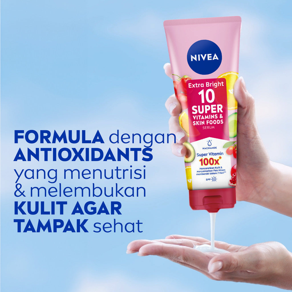 (PAKET HEMAT ISI 3) NIVEA Body Serum Extra Bright 10 Super Vitamins SPF15 180ml - Hand body serum moisturizer menyamarkan noda flek hitam dark spot mencerahkan kulit kusam badan glowing brightening tone up lembap - 10x Vitamin C, Niacinamide, Pomegranate