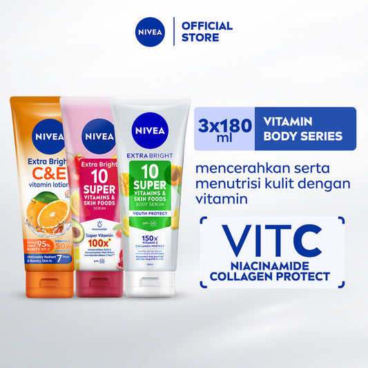 NIVEA Body Serum Extra Bright Vitamin Series (Niacinamide + Collagen + C&E) 180ml x3 - Mencerahkan, menyamarkan noda hitam, kulit kenyal dan terlihat muda dlm 5 hari - SPF15