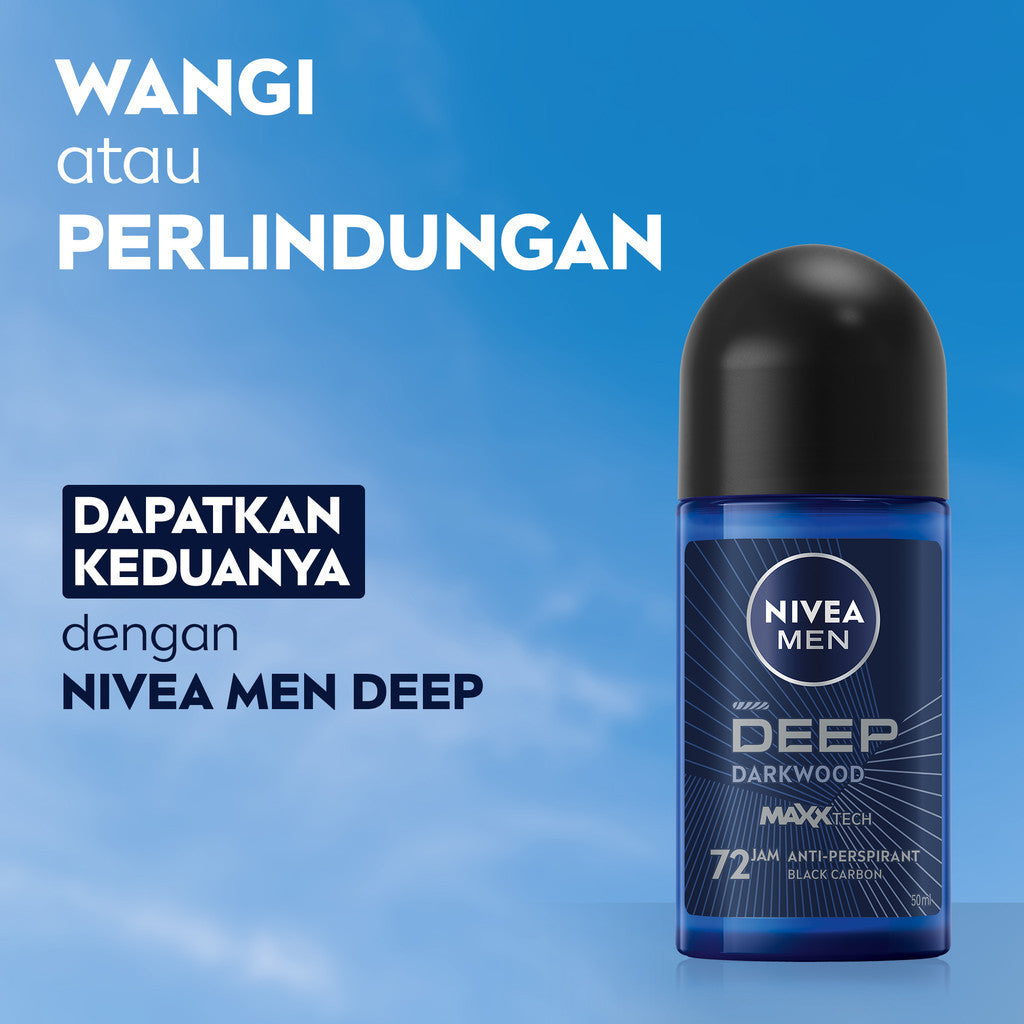 (PAKET HEMAT ISI 3) NIVEA MEN Deodorant Roll On Deep Darkwood 50ml - Deodoran pria melawan bakteri keringat bau badan dengan wangi parfum premium maskulin blackwood menjaga ketiak kering tahan lama seharian - Antiperspiran, Black charcoal