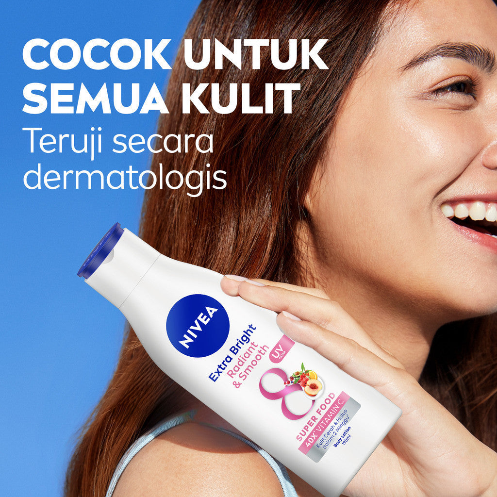 (PAKET HEMAT ISI 3) NIVEA Body Lotion Extra Bright Radiant & Smooth UV Filter 100ml - Hand body lotion moisturizer mencerahkan kulit kusam halus lembut badan glowing brightening tone up lembap kulit kering - 40x Vitamin C, UVA UVB Filter, 8 Super food