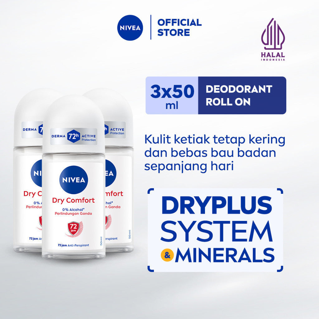 (PAKET HEMAT ISI 3) NIVEA Deodorant Roll On Dry Comfort 50ml - Deodoran wanita kering mengontrol minyak anti bau keringat dan bakteri aroma lembut segar tahan lama seharian - Antiperspiran, tidak mengandung ethyl alkohol cocok untuk semua jenis kulit