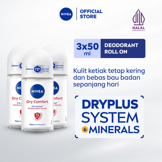 (PAKET HEMAT ISI 3) NIVEA Deodorant Roll On Dry Comfort 50ml - Deodoran wanita kering mengontrol minyak anti bau keringat dan bakteri aroma lembut segar tahan lama seharian - Antiperspiran, tidak mengandung ethyl alkohol cocok untuk semua jenis kulit