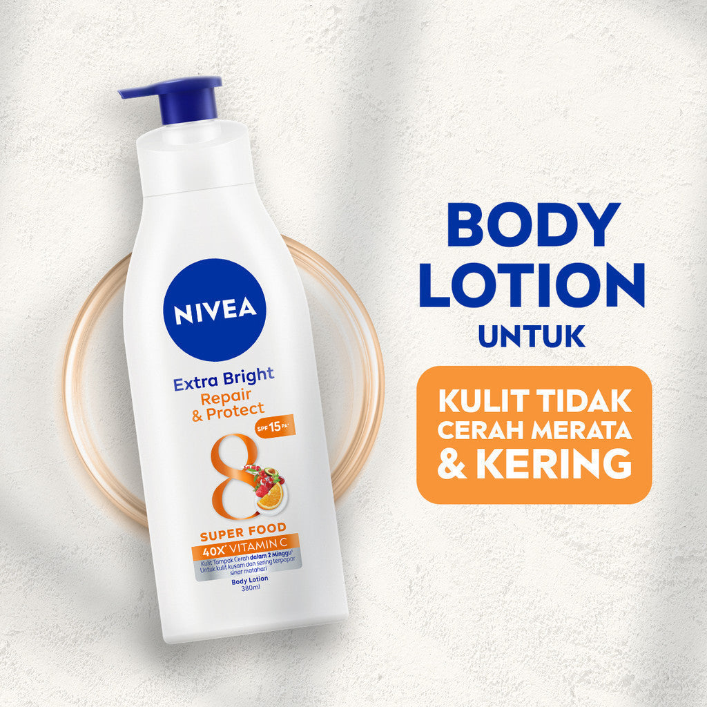 (PAKET HEMAT ISI 3) NIVEA Body Lotion Extra Bright Repair & Protect SPF15 380ml - Hand body lotion moisturizer mencerahkan kulit kusam rusak badan glowing brightening tone up melembabkan kering SPF UV sunscreen - 40x Vitamin C, Grapeseed oil, 8 Super food