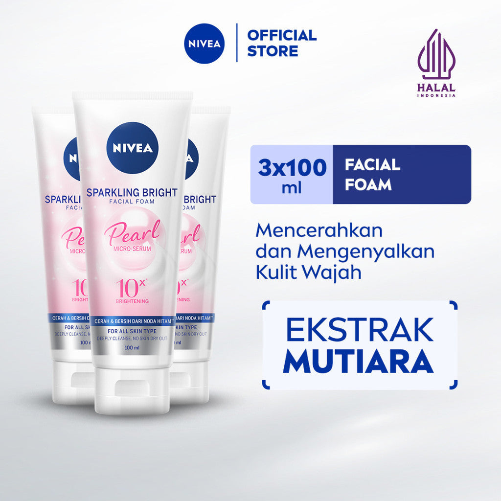 (PAKET HEMAT ISI 3) NIVEA Facial Foam Sparkling Bright 100ml - Sabun cuci muka wanita mencerahkan brightening glowing kulit kenyal bintik hitam brightening kulit kusam cleanser facial wash wajah cerah - Pearl Micro Serum, Rucinol, Licorice, Vitamin C