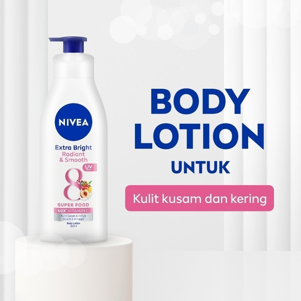 (PAKET HEMAT ISI 3) NIVEA Body Lotion Extra Bright Radiant & Smooth UV Filter 380ml - Hand body lotion moisturizer mencerahkan kulit kusam halus lembut badan glowing brightening tone up lembap kulit kering - 40x Vitamin C, UVA UVB Filter, 8 Super food
