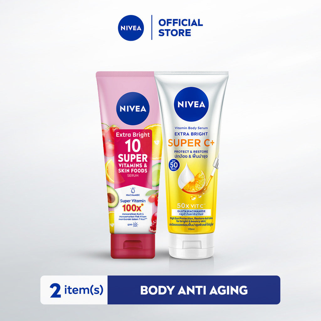 Anti Aging Bundle - NIVEA Body Serum Extra Bright Super C+ SPF 50+ PA+++ 170ml & 10 Super Vitamins Anti Dark Spot 180ml