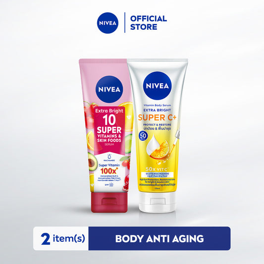 Anti Aging Bundle - NIVEA Body Serum Extra Bright Super C+ SPF 50+ PA+++ 170ml & 10 Super Vitamins Anti Dark Spot 180ml