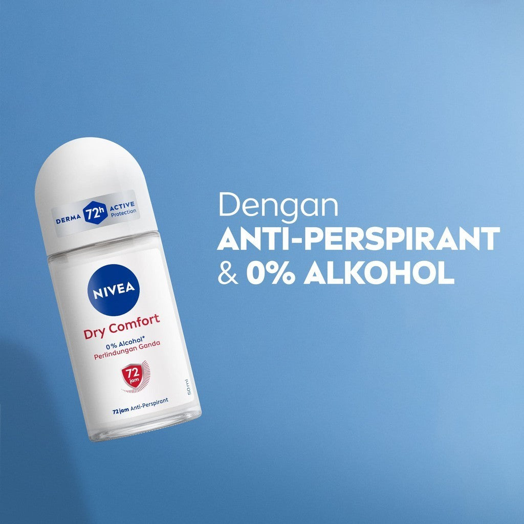 (PAKET HEMAT ISI 3) NIVEA Deodorant Roll On Dry Comfort 50ml - Deodoran wanita kering mengontrol minyak anti bau keringat dan bakteri aroma lembut segar tahan lama seharian - Antiperspiran, tidak mengandung ethyl alkohol cocok untuk semua jenis kulit