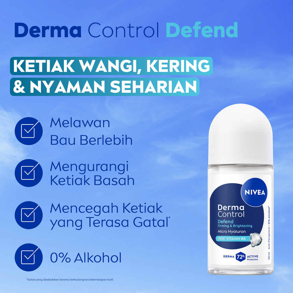 (PAKET HEMAT ISI 3) NIVEA Deodorant Roll On Derma Control Defend 50ml - Deodoran wanita skin barrier kulit ketiak sensitif perlindungan anti keringat berlebih bau badan penggunaan harian - Hyaluron, Vitamin B5, Antiperspiran, 0% Alkohol, Halal