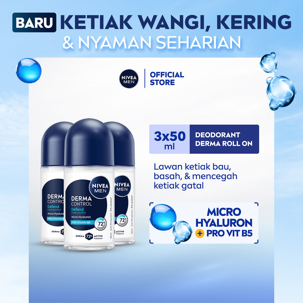 (PAKET HEMAT ISI 3) NIVEA MEN Deodorant Roll On Derma Control Defend 50ml - Deodoran pria skin barrier kulit ketiak sensitif melindungi anti keringat berlebih bau badan penggunaan harian - Hyaluron, Vitamin B5, Antiperspiran, 0% Alkohol, Halal