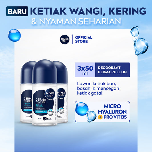 (PAKET HEMAT ISI 3) NIVEA MEN Deodorant Roll On Derma Control Defend 50ml - Deodoran pria skin barrier kulit ketiak sensitif melindungi anti keringat berlebih bau badan penggunaan harian - Hyaluron, Vitamin B5, Antiperspiran, 0% Alkohol, Halal
