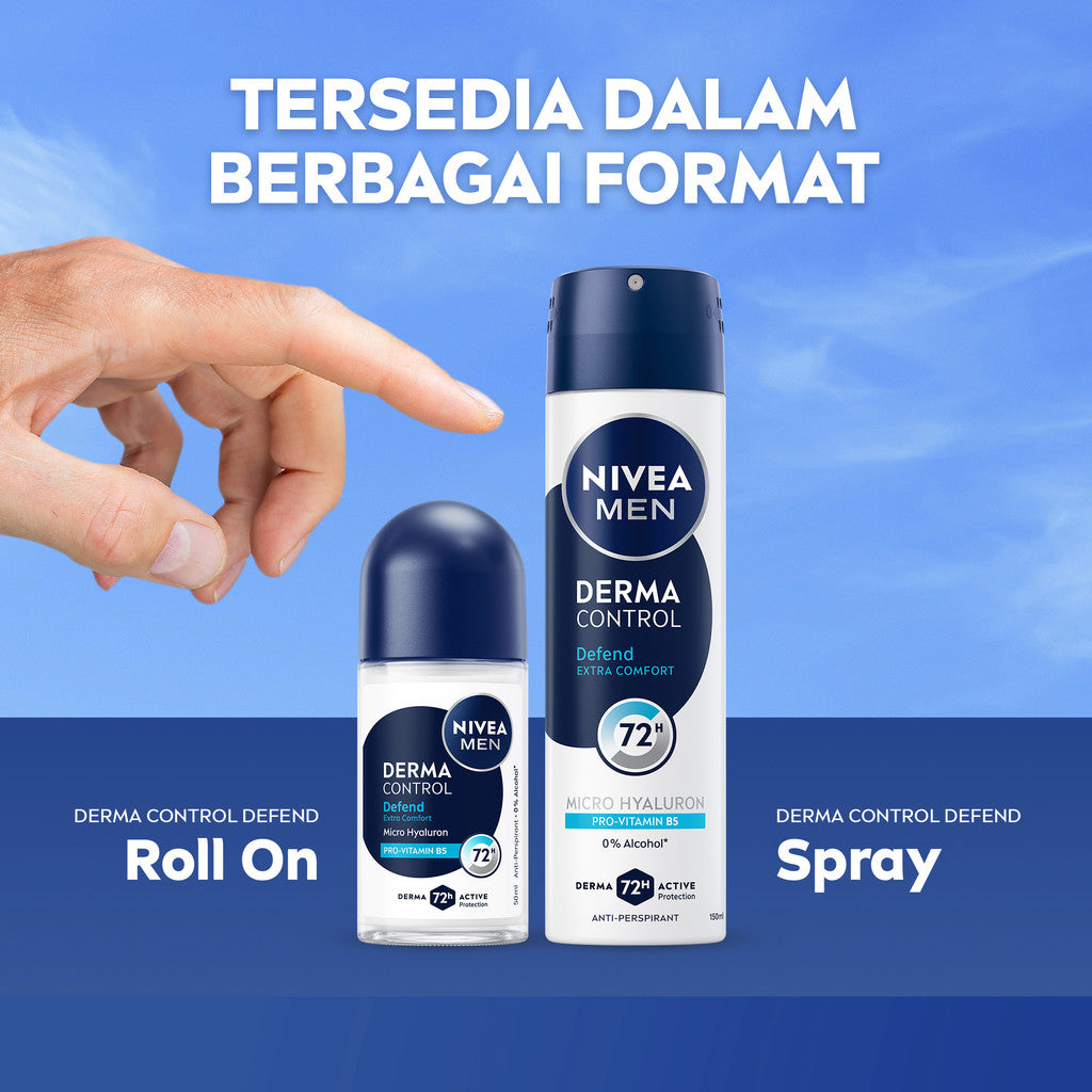 (PAKET HEMAT ISI 3) NIVEA MEN Deodorant Roll On Derma Control Defend 50ml - Deodoran pria skin barrier kulit ketiak sensitif melindungi anti keringat berlebih bau badan penggunaan harian - Hyaluron, Vitamin B5, Antiperspiran, 0% Alkohol, Halal