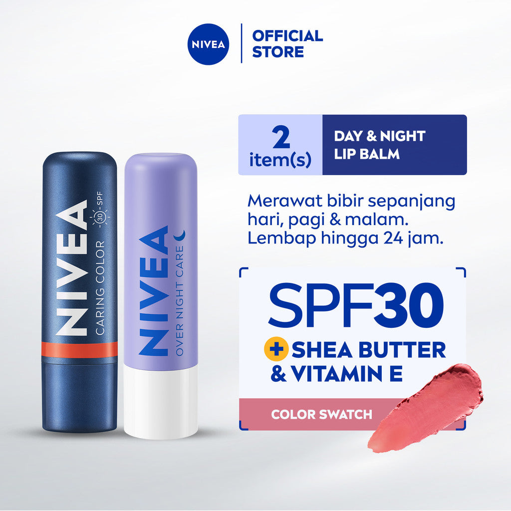 NIVEA Lip Balm Color Day & Night Care Coral + Overnight 2 x 4.8gr - Perawatan bibir sepanjang hari untuk pagi & malam melembapkan bibir hingga 24 jam & merawat bibir secara intensif di malam hari - SPF30, Shea Butter, Vitamin E
