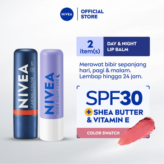 NIVEA Lip Balm Color Day & Night Care Coral + Overnight 2 x 4.8gr - Perawatan bibir sepanjang hari untuk pagi & malam melembapkan bibir hingga 24 jam & merawat bibir secara intensif di malam hari - SPF30, Shea Butter, Vitamin E