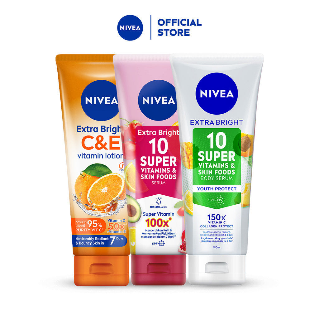 NIVEA Body Serum Extra Bright Vitamin Series (Niacinamide + Collagen + C&E) 180ml x3 - Mencerahkan, menyamarkan noda hitam, kulit kenyal dan terlihat muda dlm 5 hari - SPF15