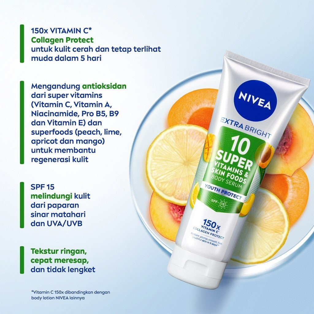 (PAKET HEMAT ISI 2) NIVEA Body Serum Extra Bright 10 Super Vitamins Youth Protect SPF15 180ml - Hand body serum lotion moisturizer mencerahkan kulit mengencangkan kulit kendur melembabkan anti aging penuaan dini - 150x Vitamin C, Collagen, antioksidan