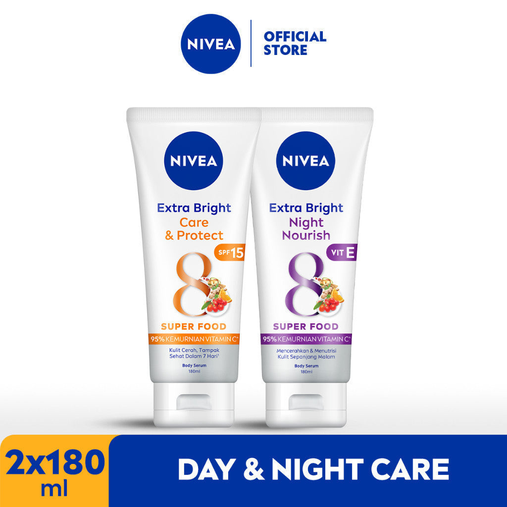 NIVEA Body Serum Extra Bright Day & Night (Care & Protect + Night Nourish) 180ml x2 - Merawat & mencerahkan kulit di pagi & malam