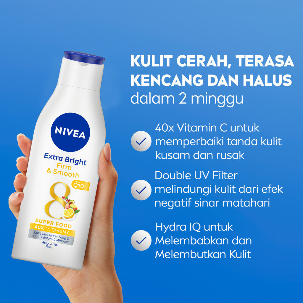(PAKET HEMAT ISI 3) NIVEA Body Lotion Extra Bright Firm & Smooth Q10 190ml - Hand body lotion moisturizer mencerahkan kulit halus lembut badan mengencangkan kulit kendur melembabkan anti aging penuaan dini - 40x Vitamin C, UVA UVB Filter, 8 Super food