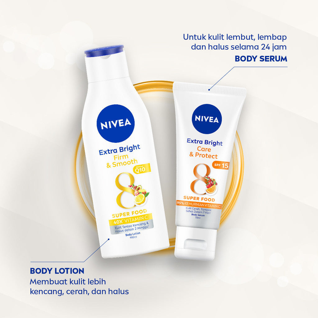 (PAKET HEMAT ISI 3) NIVEA Body Lotion Extra Bright Firm & Smooth Q10 190ml - Hand body lotion moisturizer mencerahkan kulit halus lembut badan mengencangkan kulit kendur melembabkan anti aging penuaan dini - 40x Vitamin C, UVA UVB Filter, 8 Super food