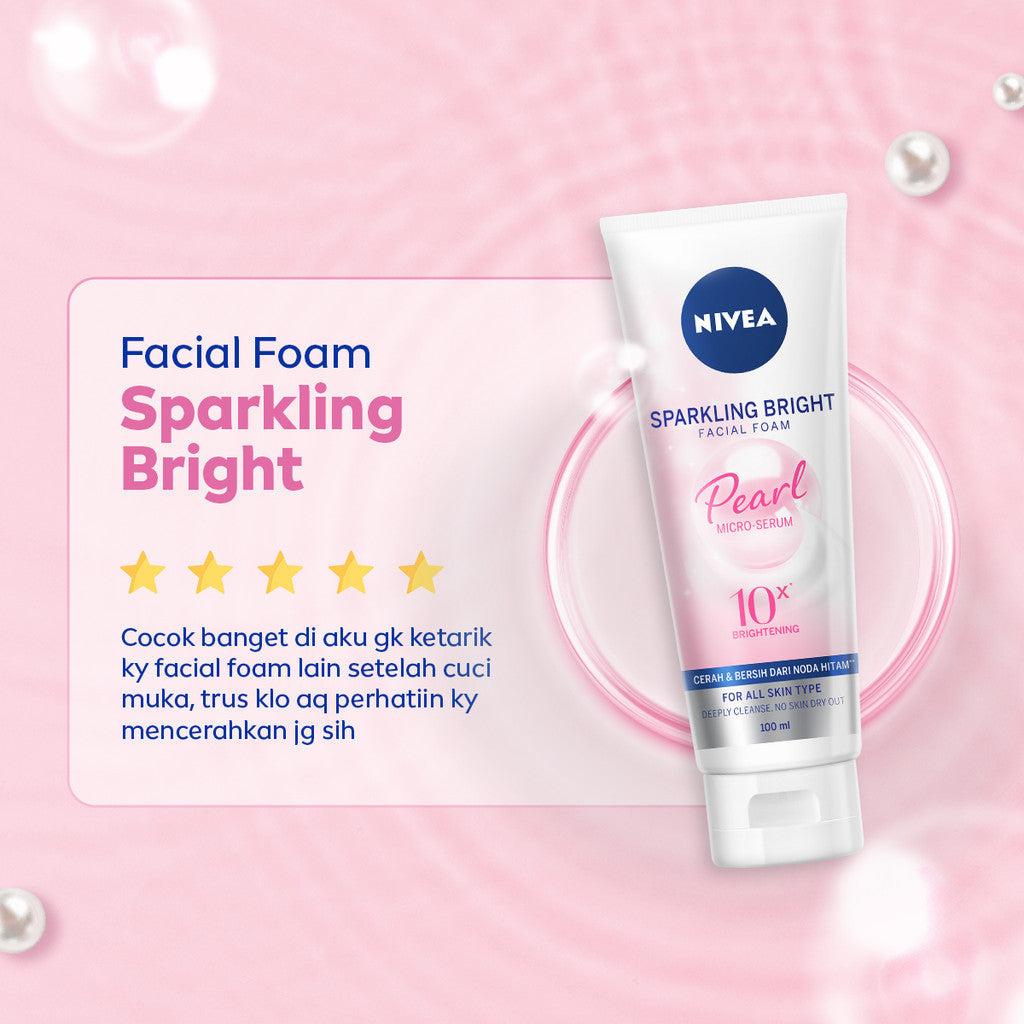 (PAKET HEMAT ISI 3) NIVEA Facial Foam Sparkling Bright 100ml - Sabun cuci muka wanita mencerahkan brightening glowing kulit kenyal bintik hitam brightening kulit kusam cleanser facial wash wajah cerah - Pearl Micro Serum, Rucinol, Licorice, Vitamin C