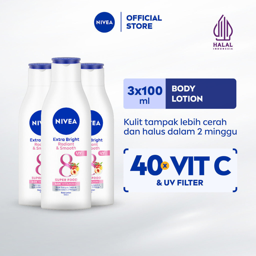 (PAKET HEMAT ISI 3) NIVEA Body Lotion Extra Bright Radiant & Smooth UV Filter 100ml - Hand body lotion moisturizer mencerahkan kulit kusam halus lembut badan glowing brightening tone up lembap kulit kering - 40x Vitamin C, UVA UVB Filter, 8 Super food