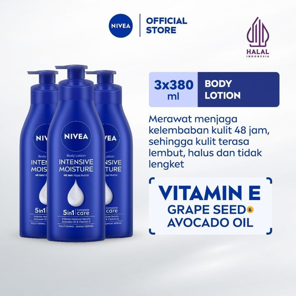 (PAKET HEMAT ISI 3) NIVEA Body Lotion Intensive Moisture 380ml - Hand body lotion mositurizer 48 jam body care kulit kering kasar bersisik pecah-pecah memperbaiki skin barrier pelembab melembutkan badan - Vitamin E, Grapeseed oil, Avocado oil, Hydra IQ