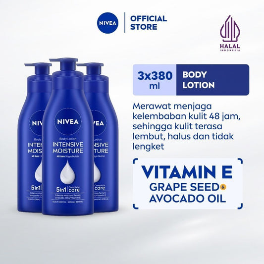 (PAKET HEMAT ISI 3) NIVEA Body Lotion Intensive Moisture 380ml - Hand body lotion mositurizer 48 jam body care kulit kering kasar bersisik pecah-pecah memperbaiki skin barrier pelembab melembutkan badan - Vitamin E, Grapeseed oil, Avocado oil, Hydra IQ
