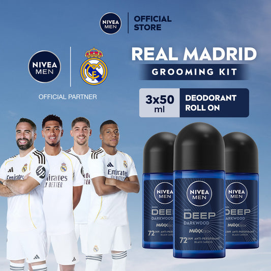 (PAKET HEMAT ISI 3) NIVEA MEN Deodorant Roll On Deep Darkwood 50ml - Deodoran pria melawan bakteri keringat bau badan dengan wangi parfum premium maskulin blackwood menjaga ketiak kering tahan lama seharian - Antiperspiran, Black charcoal