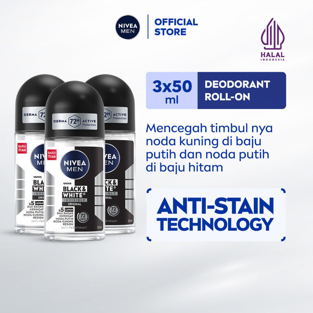 (PAKET HEMAT ISI 3) NIVEA MEN Deodorant Roll On Black & White Invisible Original 50ml - Deodoran pria melawan bakteri keringat bau badan teknologi anti noda kuning putih dan residu wangi segar 72 jam - Antiperspiran, tidak mengandung ethyl alkohol