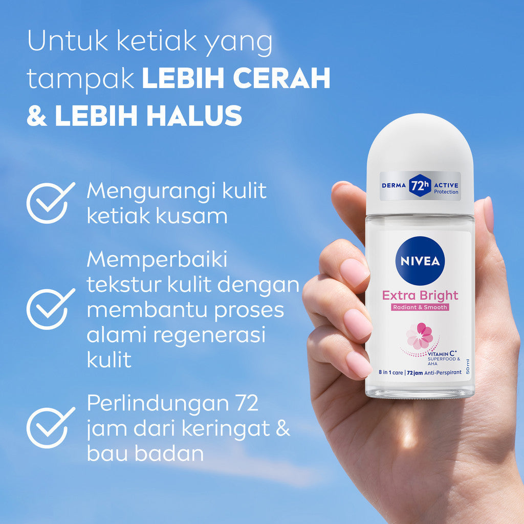 (PAKET HEMAT ISI 3) NIVEA Deodorant Roll On Extra Bright Radiant & Smooth 50ml - Deodoran wanita mencerahkan ketiak brightening glowing wangi segar seharian anti bau badan keringat - Vitamin C, Ekstrak Licorice, 0% alkohol cocok semua jenis kulit
