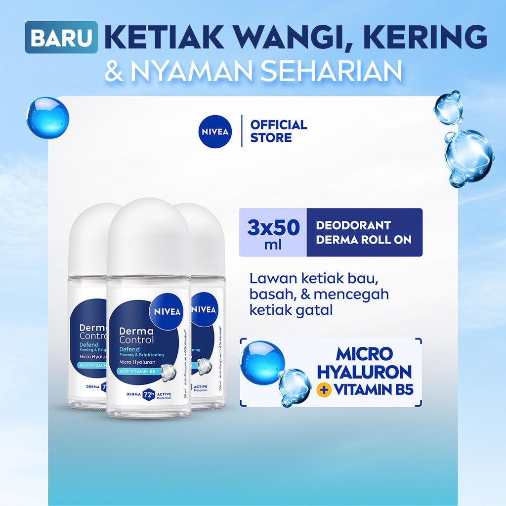 (PAKET HEMAT ISI 3) NIVEA Deodorant Roll On Derma Control Defend 50ml - Deodoran wanita skin barrier kulit ketiak sensitif perlindungan anti keringat berlebih bau badan penggunaan harian - Hyaluron, Vitamin B5, Antiperspiran, 0% Alkohol, Halal