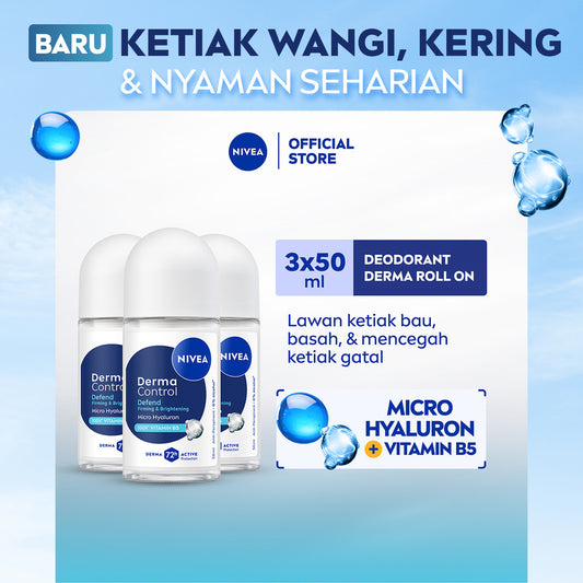 (PAKET HEMAT ISI 3) NIVEA Deodorant Roll On Derma Control Defend 50ml - Deodoran wanita skin barrier kulit ketiak sensitif perlindungan anti keringat berlebih bau badan penggunaan harian - Hyaluron, Vitamin B5, Antiperspiran, 0% Alkohol, Halal