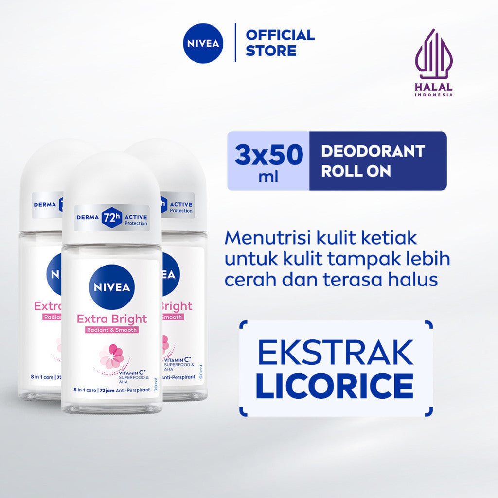 (PAKET HEMAT ISI 3) NIVEA Deodorant Roll On Extra Bright Radiant & Smooth 50ml - Deodoran wanita mencerahkan ketiak brightening glowing wangi segar seharian anti bau badan keringat - Vitamin C, Ekstrak Licorice, 0% alkohol cocok semua jenis kulit