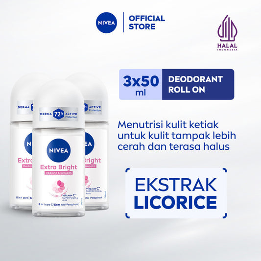 (PAKET HEMAT ISI 3) NIVEA Deodorant Roll On Extra Bright Radiant & Smooth 50ml - Deodoran wanita mencerahkan ketiak brightening glowing wangi segar seharian anti bau badan keringat - Vitamin C, Ekstrak Licorice, 0% alkohol cocok semua jenis kulit