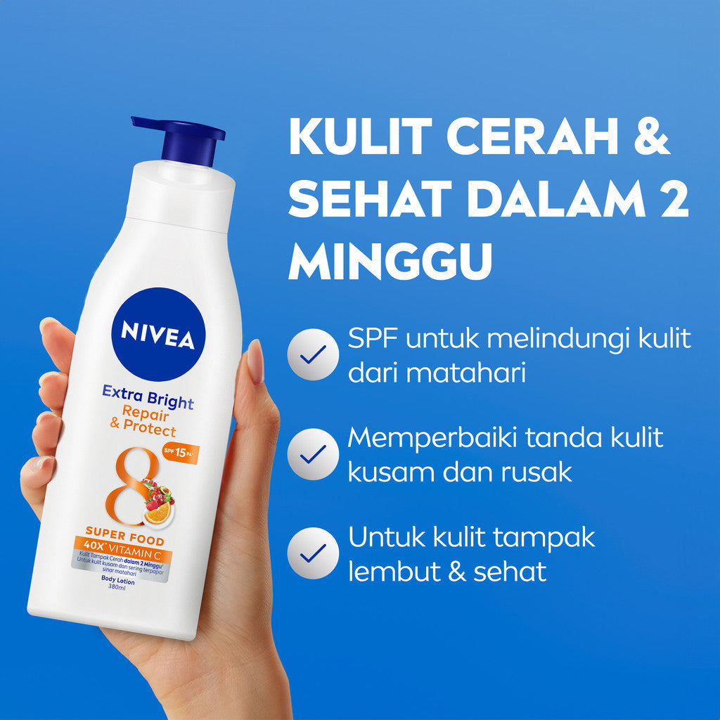 (PAKET HEMAT ISI 3) NIVEA Body Lotion Extra Bright Repair & Protect SPF15 380ml - Hand body lotion moisturizer mencerahkan kulit kusam rusak badan glowing brightening tone up melembabkan kering SPF UV sunscreen - 40x Vitamin C, Grapeseed oil, 8 Super food