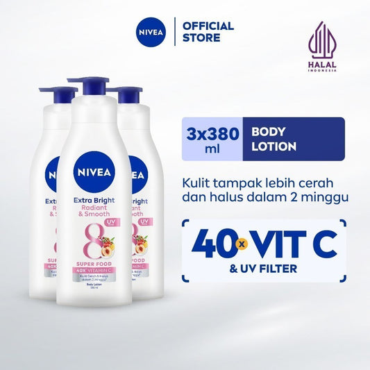 (PAKET HEMAT ISI 3) NIVEA Body Lotion Extra Bright Radiant & Smooth UV Filter 380ml - Hand body lotion moisturizer mencerahkan kulit kusam halus lembut badan glowing brightening tone up lembap kulit kering - 40x Vitamin C, UVA UVB Filter, 8 Super food
