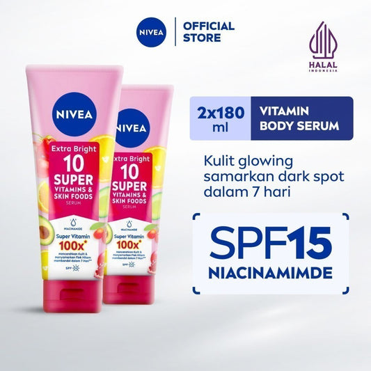(PAKET HEMAT ISI 2) NIVEA Body Serum Extra Bright 10 Super Vitamins SPF15 180ml - Hand body serum moisturizer menyamarkan noda flek hitam dark spot mencerahkan kulit kusam badan glowing brightening tone up lembap - 10x Vitamin C, Niacinamide, Pomegranate