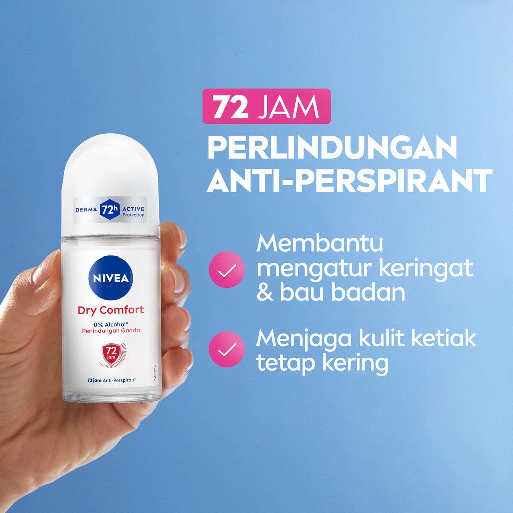 (PAKET HEMAT ISI 3) NIVEA Deodorant Roll On Dry Comfort 50ml - Deodoran wanita kering mengontrol minyak anti bau keringat dan bakteri aroma lembut segar tahan lama seharian - Antiperspiran, tidak mengandung ethyl alkohol cocok untuk semua jenis kulit