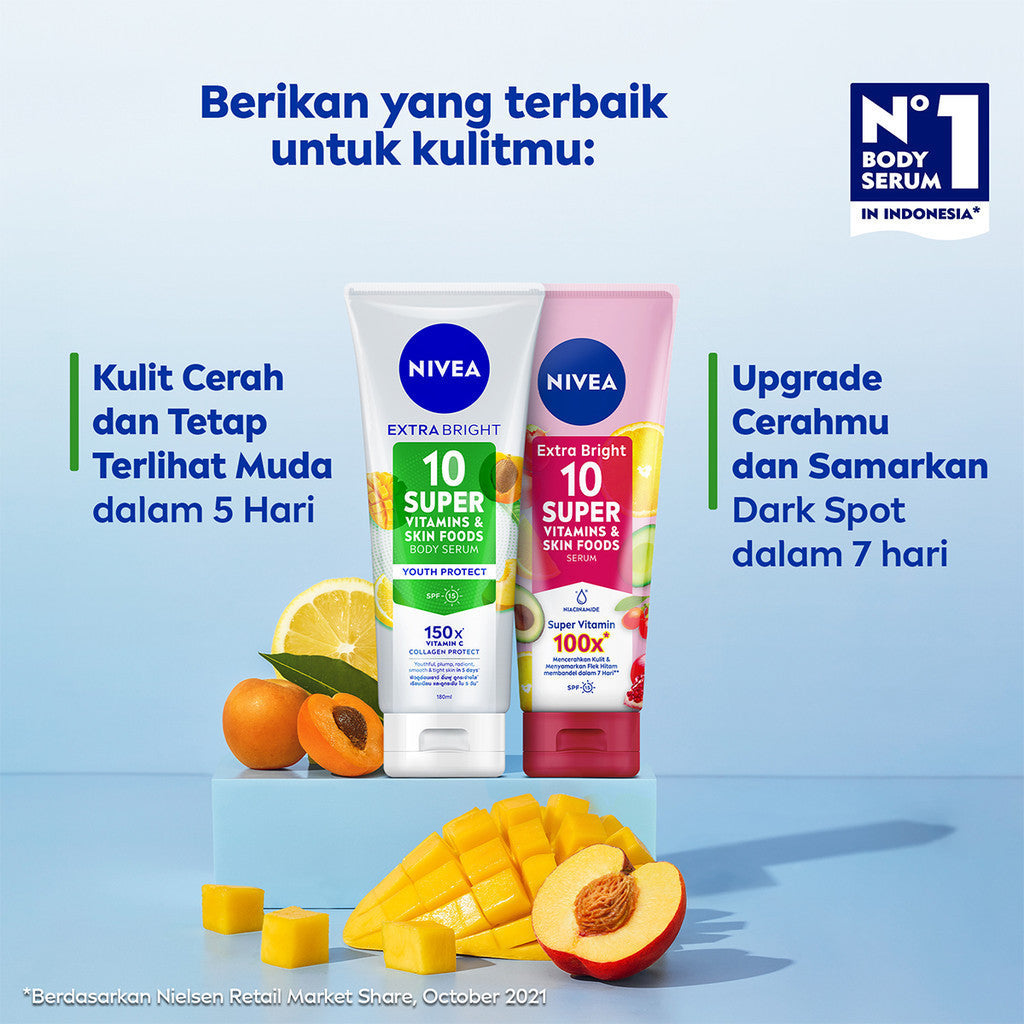 (PAKET HEMAT ISI 3) NIVEA Body Serum Extra Bright 10 Super Vitamins SPF15 180ml - Hand body serum moisturizer menyamarkan noda flek hitam dark spot mencerahkan kulit kusam badan glowing brightening tone up lembap - 10x Vitamin C, Niacinamide, Pomegranate