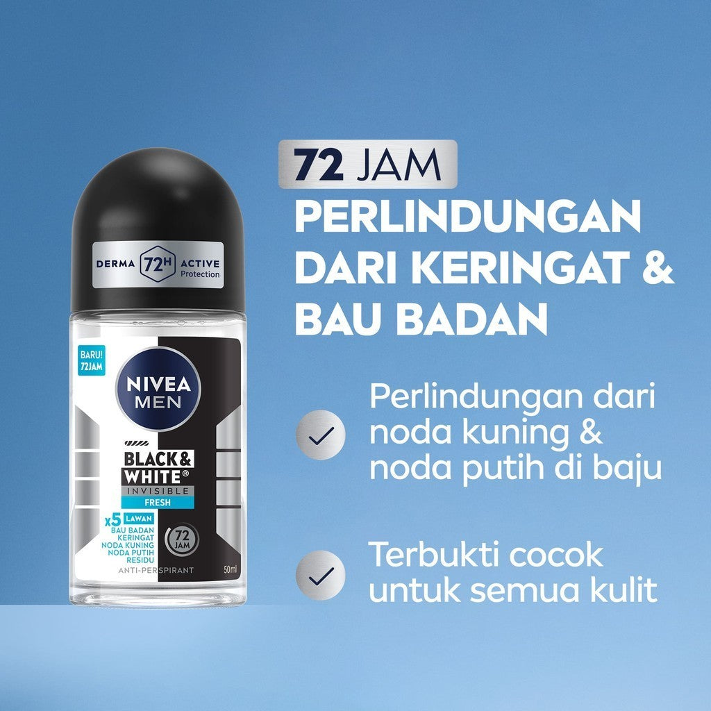 (PAKET HEMAT ISI 3) NIVEA MEN Deodorant Roll On Black & White Invisible Fresh 50ml - Deodoran pria melawan bakteri keringat bau badan teknologi anti noda kuning putih dan residu wangi maskulin segar 72 jam - Antiperspiran, tidak mengandung ethyl alkohol