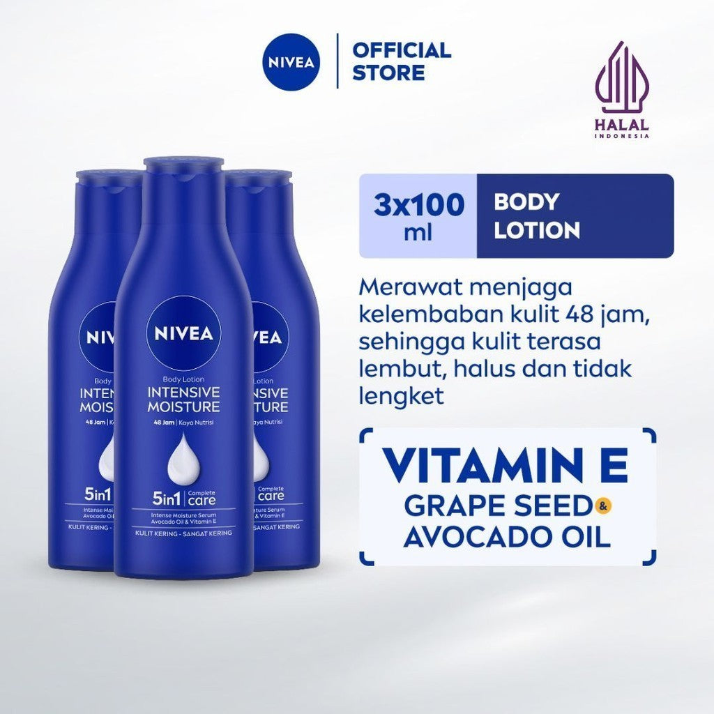 (PAKET HEMAT ISI 3) NIVEA Body Lotion Intensive Moisture 100ml - Hand body lotion mositurizer 48 jam body care kulit kering kasar bersisik pecah-pecah memperbaiki skin barrier pelembab melembutkan badan - Vitamin E, Grapeseed oil, Avocado oil, Hydra IQ