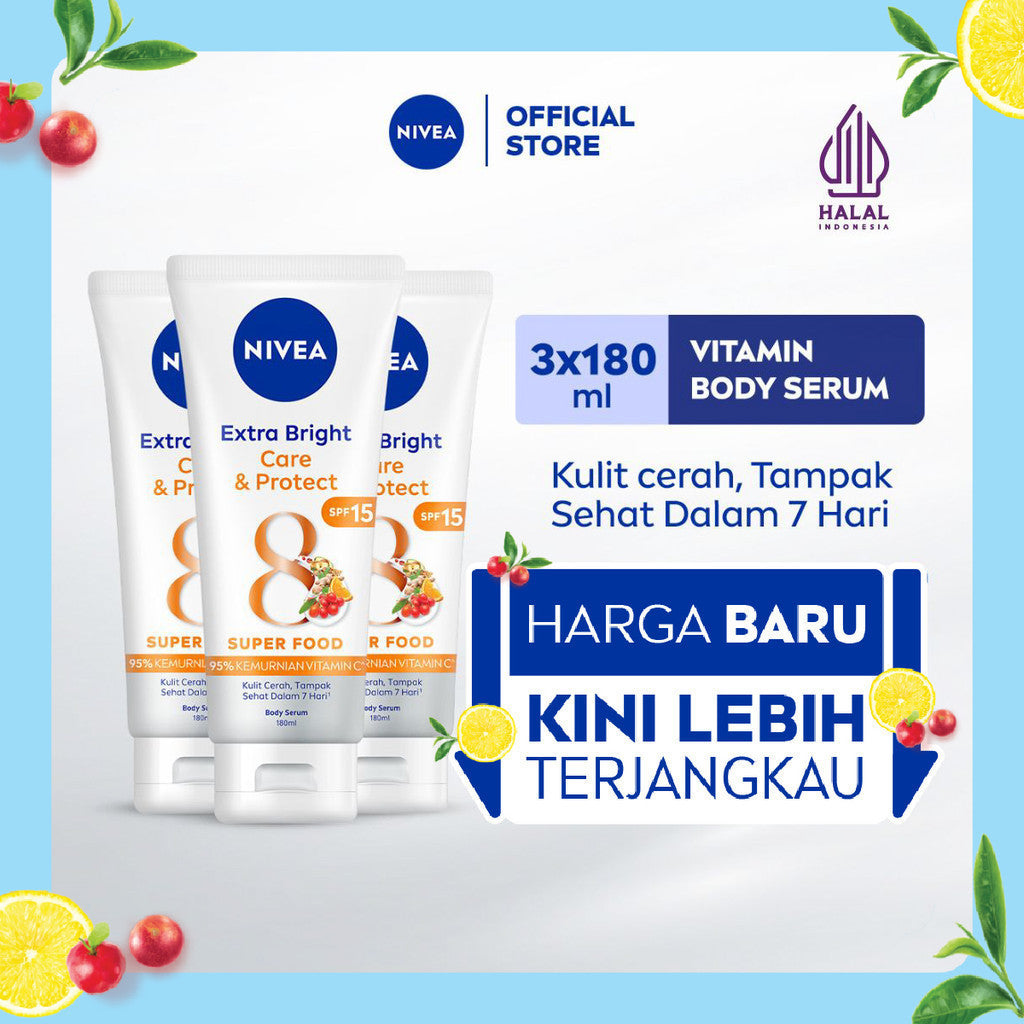 (PAKET HEMAT ISI 3) NIVEA Body Serum Extra Bright Care & Protect SPF 15 180ml - Hand body serum lotion moisturizer mencerahkan kulit kusam badan glowing brightening tone up melembabkan kering SPF UV matahari - 95% Vitamin C, Grapeseed Oil, 8 Super food