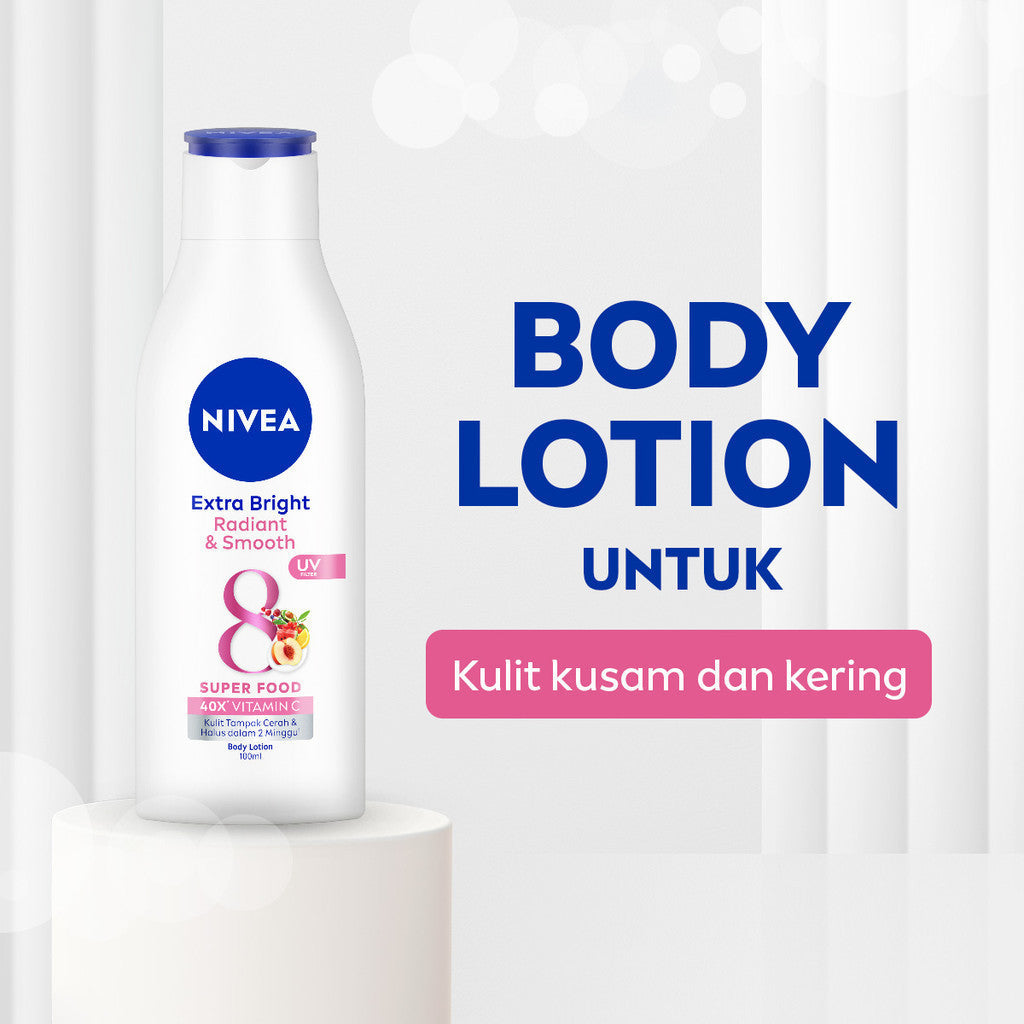 (PAKET HEMAT ISI 3) NIVEA Body Lotion Extra Bright Radiant & Smooth UV Filter 100ml - Hand body lotion moisturizer mencerahkan kulit kusam halus lembut badan glowing brightening tone up lembap kulit kering - 40x Vitamin C, UVA UVB Filter, 8 Super food