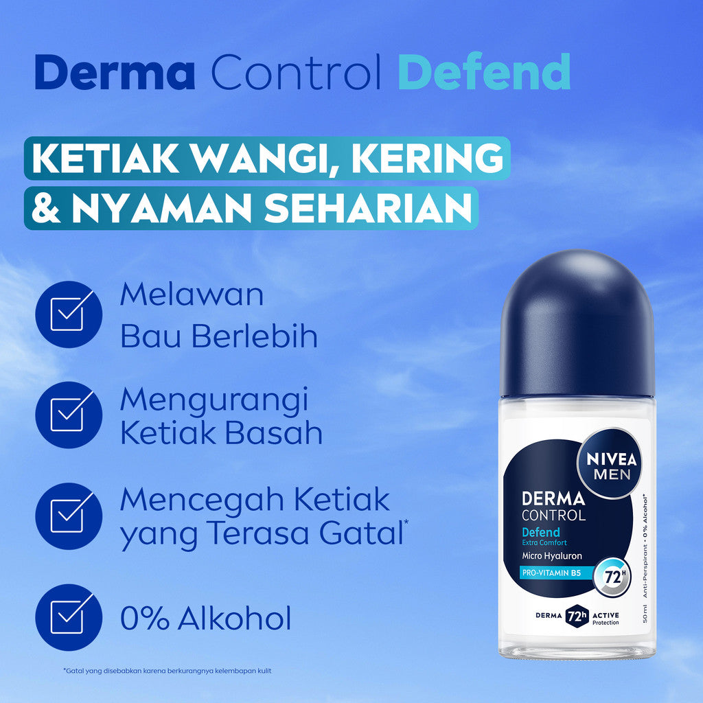(PAKET HEMAT ISI 3) NIVEA MEN Deodorant Roll On Derma Control Defend 50ml - Deodoran pria skin barrier kulit ketiak sensitif melindungi anti keringat berlebih bau badan penggunaan harian - Hyaluron, Vitamin B5, Antiperspiran, 0% Alkohol, Halal