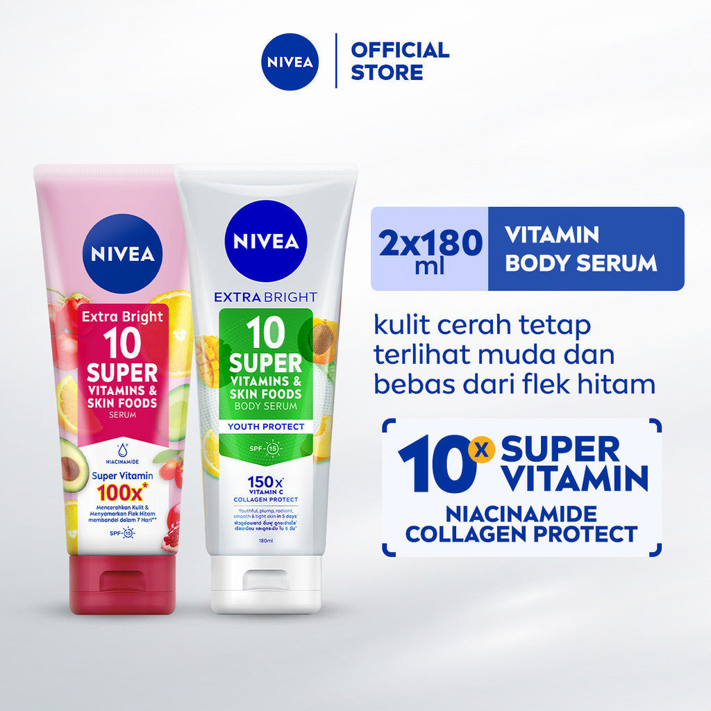 NIVEA Body Serum Extra Bright 10 Super Vitamins & Skin Foods Niacinamide + Collagen 180ml x2 - Mencerahkan, menyamarkan noda hitam, kulit terlihat muda dlm 5 hari - SPF15